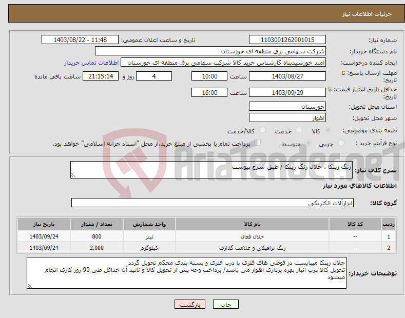 تصویر کوچک آگهی نیاز انتخاب تامین کننده-رنگ زینکا ، حلال رنگ زینکا / طبق شرح پیوست 