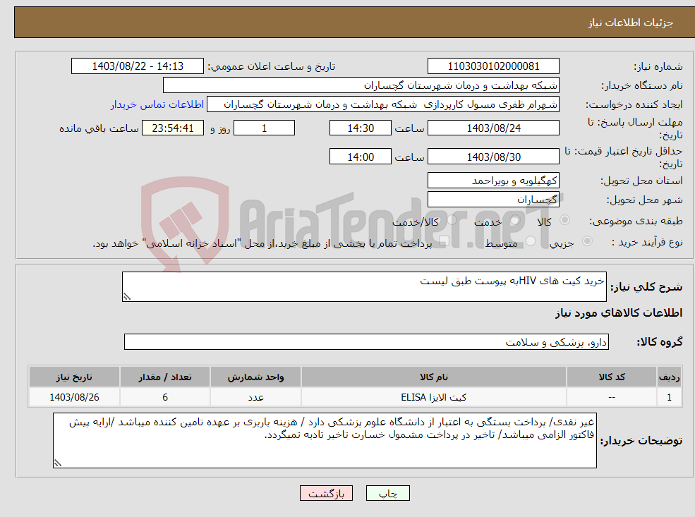 تصویر کوچک آگهی نیاز انتخاب تامین کننده-خرید کیت های HIVبه پیوست طبق لیست 