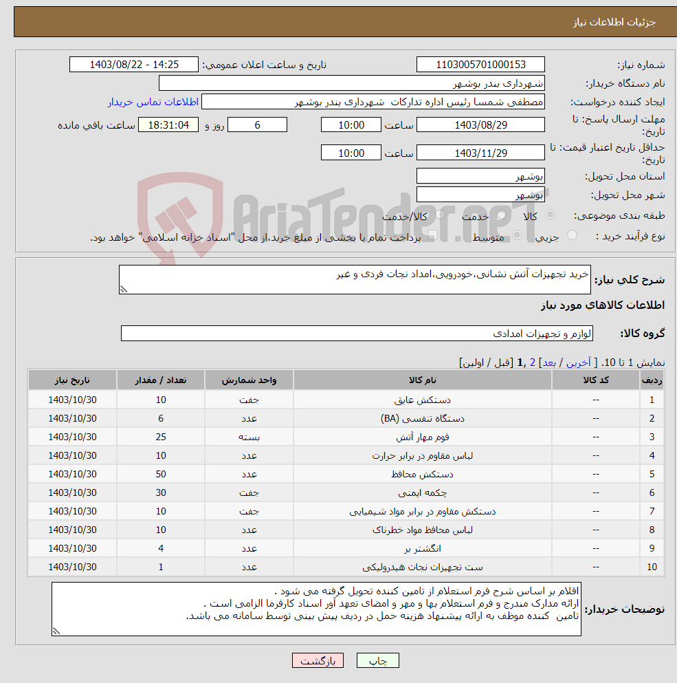 تصویر کوچک آگهی نیاز انتخاب تامین کننده-خرید تجهیزات آتش نشانی،خودرویی،امداد نجات فردی و غیر 