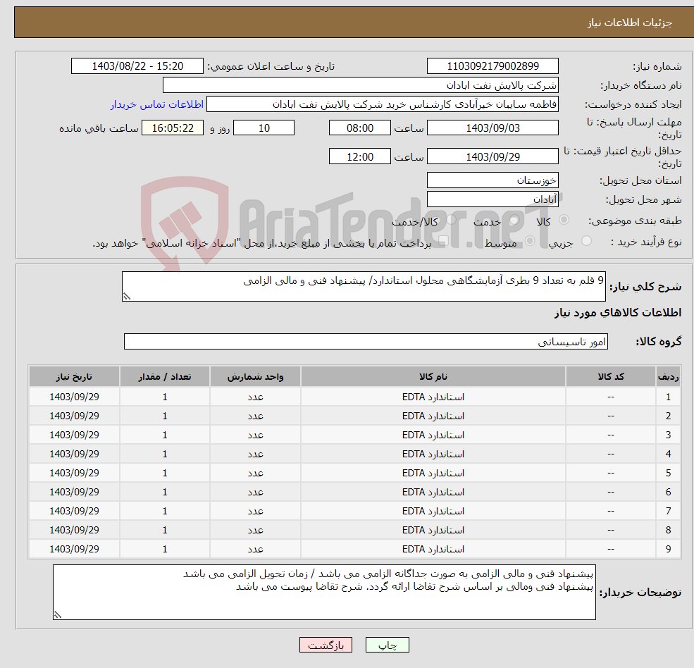 تصویر کوچک آگهی نیاز انتخاب تامین کننده-9 قلم به تعداد 9 بطری آزمایشگاهی محلول استاندارد/ پیشنهاد فنی و مالی الزامی 
