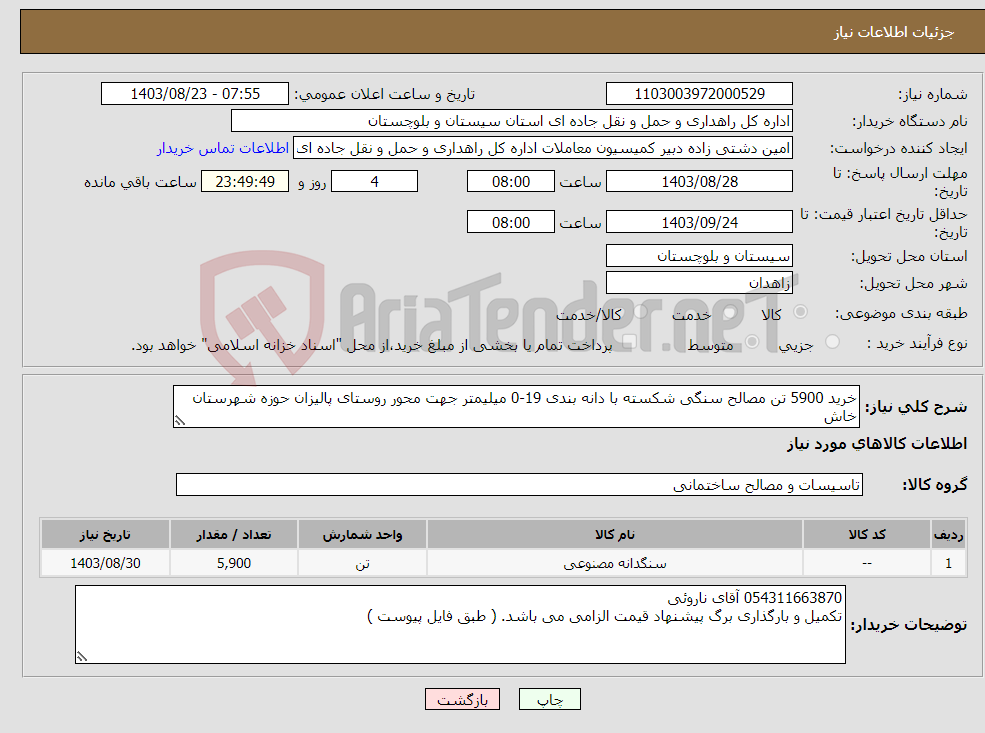 تصویر کوچک آگهی نیاز انتخاب تامین کننده-خرید 5900 تن مصالح سنگی شکسته با دانه بندی 19-0 میلیمتر جهت محور روستای پالیزان حوزه شهرستان خاش