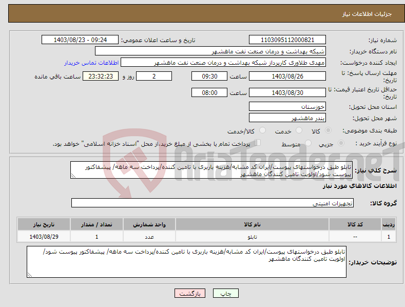 تصویر کوچک آگهی نیاز انتخاب تامین کننده-تابلو طبق درخواستهای پیوست/ایران کد مشابه/هزینه باربری با تامین کننده/پرداخت سه ماهه/ پیشفاکتور پیوست شود/اولویت تامین کنندگان ماهشهر