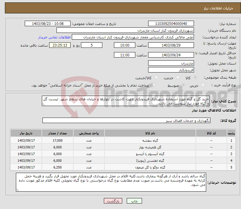 تصویر کوچک آگهی نیاز انتخاب تامین کننده-خرید گل و گیاه مورد استفاده شهرداری فریدونکنار جهت کاشت در بلوارها و خیابان های سطح شهر، لیست گل و گیاه مورد نیاز بپیوست می باشد.