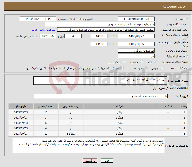 تصویر کوچک آگهی نیاز انتخاب تامین کننده-خرید میلگرد طبق لیست پیوستی 
