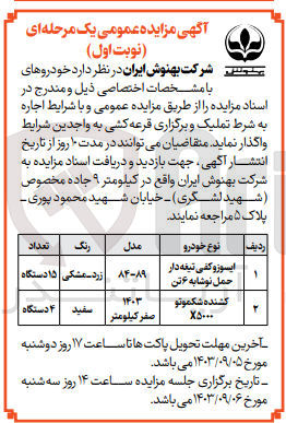 تصویر کوچک آگهی فروش خودروهای زیر :
15 دستگاه ایسوزو کفی تیغه دار حمل نوشابه ۶ تن مدل 84 - 89 به رنگ زرد - مشکی
4 دستگاه کشنده شکموتو X۵۰۰۰ مدل 1403 صفر کیلومتر به رنگ سفید