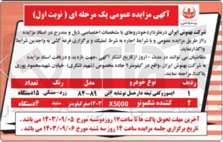 تصویر کوچک آگهی واگذاری خودرو ایسوزو کفی تیغه دار و کشنده شکموتو 