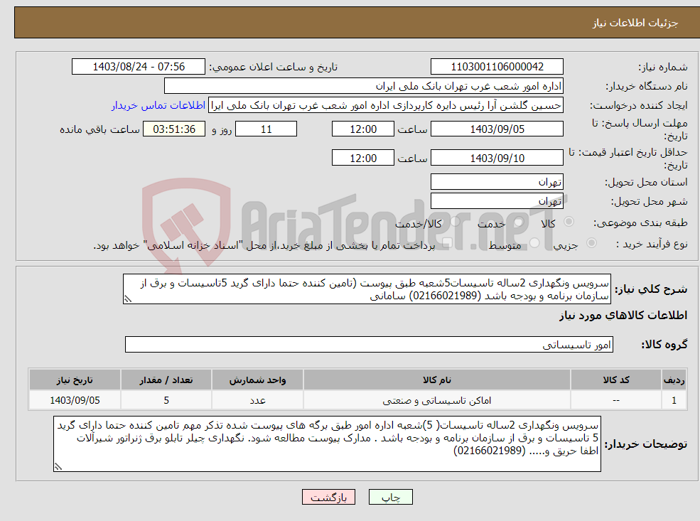 تصویر کوچک آگهی نیاز انتخاب تامین کننده-سرویس ونگهداری 2ساله تاسیسات5شعبه طبق پیوست (تامین کننده حتما دارای گرید 5تاسیسات و برق از سازمان برنامه و بودجه باشد (02166021989) سامانی