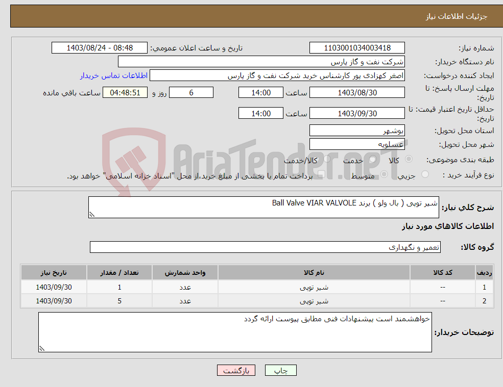 تصویر کوچک آگهی نیاز انتخاب تامین کننده-شیر توپی ( بال ولو ) برند Ball Valve VIAR VALVOLE
