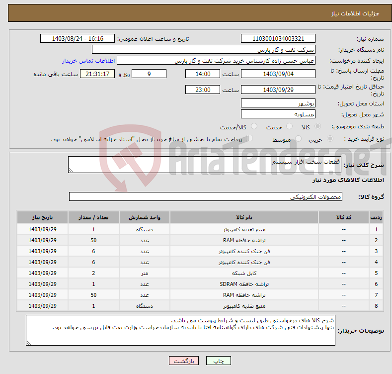 تصویر کوچک آگهی نیاز انتخاب تامین کننده-قطعات سخت افزار سیستم