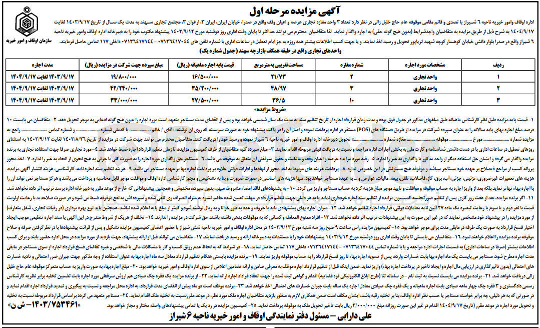 تصویر کوچک آگهی فروش تعداد 3 واحد مغازه تجاری عرصه و اعیان وقف