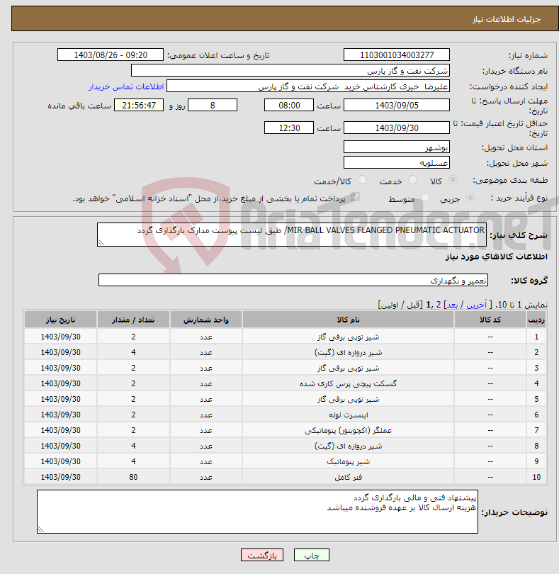 تصویر کوچک آگهی نیاز انتخاب تامین کننده-MIR BALL VALVES FLANGED PNEUMATIC ACTUATOR/ طبق لیست پیوست مدارک بارگذاری گردد