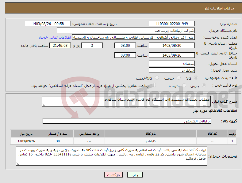 تصویر کوچک آگهی نیاز انتخاب تامین کننده-عملیات بهسازی سیستم ارت ایستگاه کوه قاسم -شهرستان شاهرود