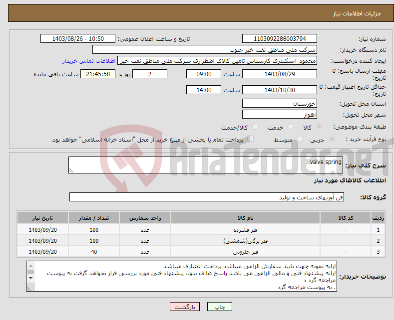 تصویر کوچک آگهی نیاز انتخاب تامین کننده-valve spring
