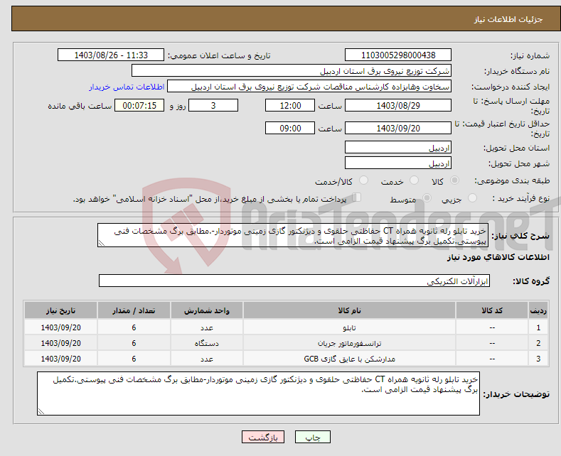 تصویر کوچک آگهی نیاز انتخاب تامین کننده-خرید تابلو رله ثانویه همراه CT حفاظتی حلقوی و دیژنکتور گازی زمینی موتوردار-.مطابق برگ مشخصات فنی پیوستی.تکمیل برگ پیشنهاد قیمت الزامی است.