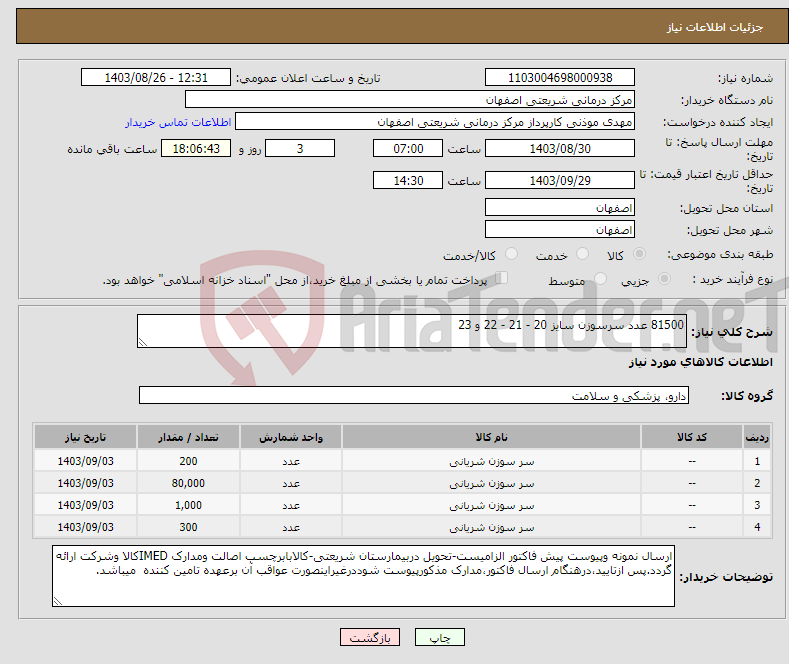 تصویر کوچک آگهی نیاز انتخاب تامین کننده-81500 عدد سرسوزن سایز 20 - 21 - 22 و 23