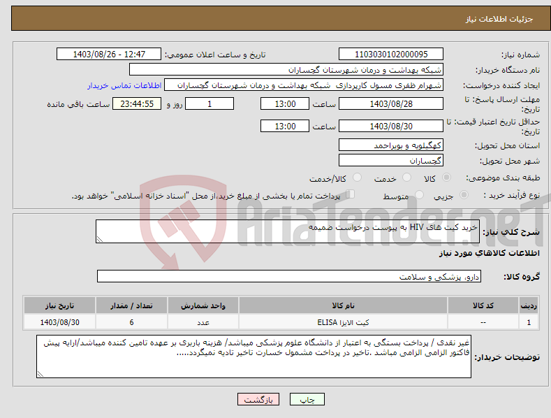 تصویر کوچک آگهی نیاز انتخاب تامین کننده-خرید کیت های HIV به پیوست درخواست ضمیمه 