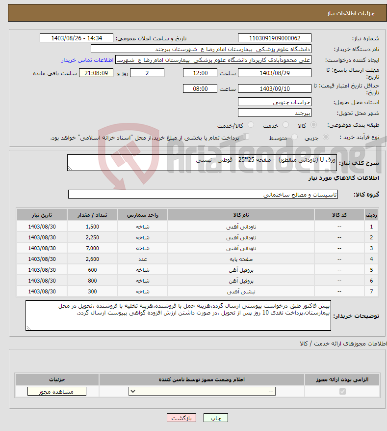 تصویر کوچک آگهی نیاز انتخاب تامین کننده-ورق U (ناودانی منقطع) - صفحه 25*25 - قوطی - نبشی