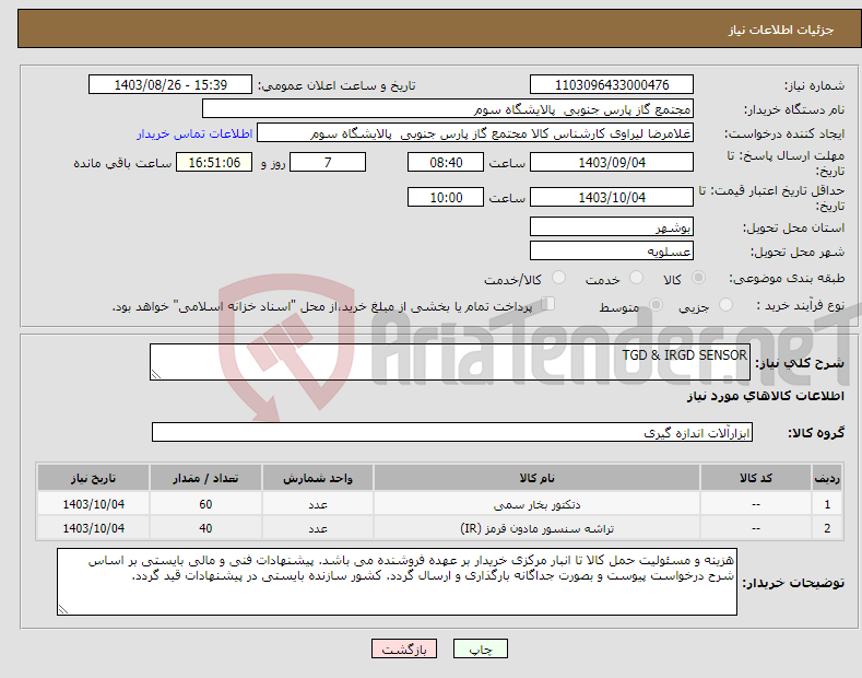 تصویر کوچک آگهی نیاز انتخاب تامین کننده-TGD & IRGD SENSOR