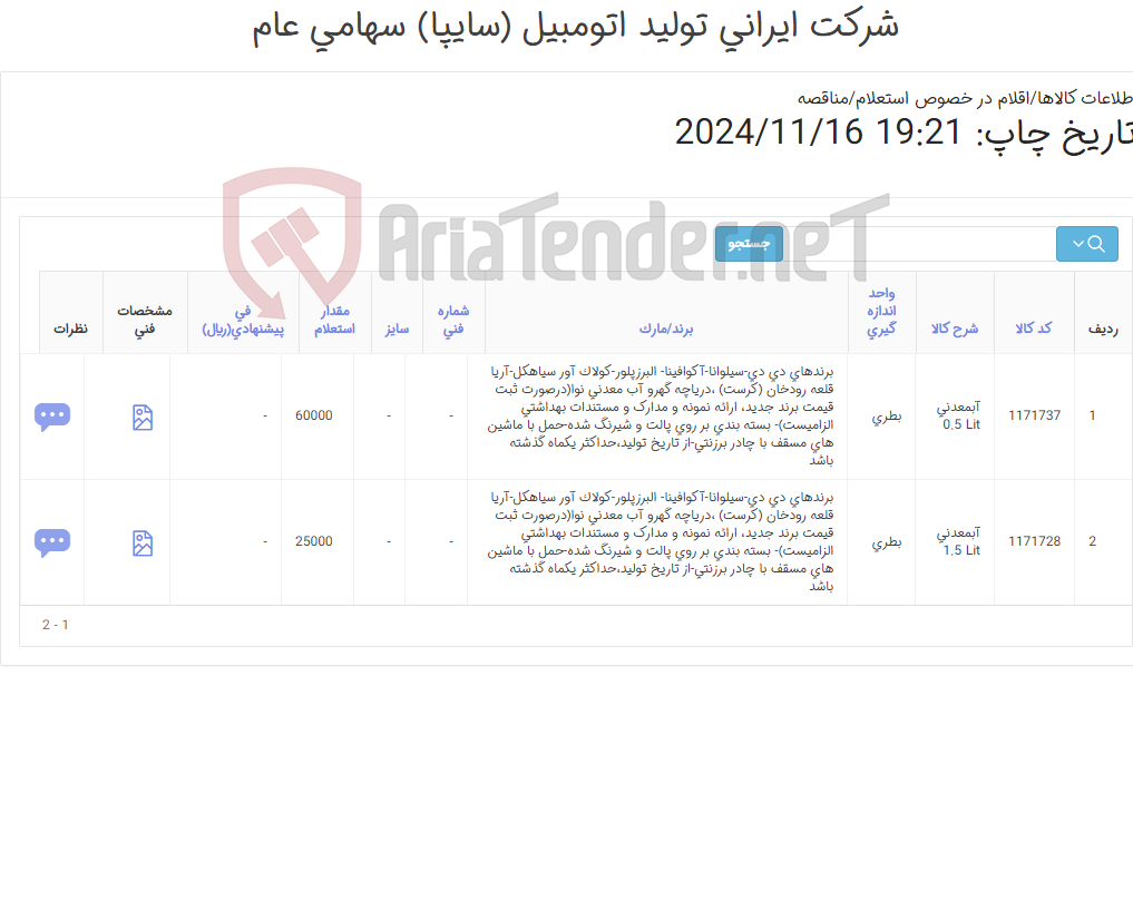 تصویر کوچک آگهی آب معدنی نیم و یک و نیم لیتری