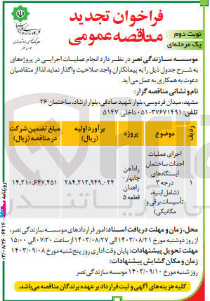 تصویر کوچک آگهی اجرای عملیات احداث ساختمان ایستگاه های درجه 3 (شامل ابنیه ،تاسیسات برقی و مکانیکی) 