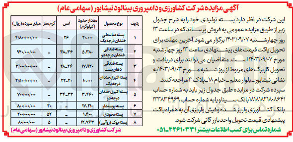 تصویر کوچک آگهی فروش پسته تولیدی خود در 8 ردیف شامل :
پسته فندقی خندان درجه دو ،پسته فندقی دهان بسته ،پسته اکبری خندان درجه دو ،پسته نخودی و....