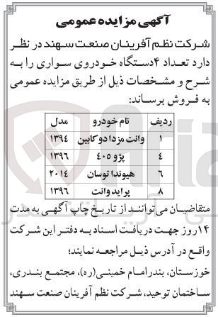 تصویر کوچک آگهی فروش تعداد 4 دستگاه خودرو سواری :
وانت مزدا ،پژو405 ،هیوندای توسان ،پراید 