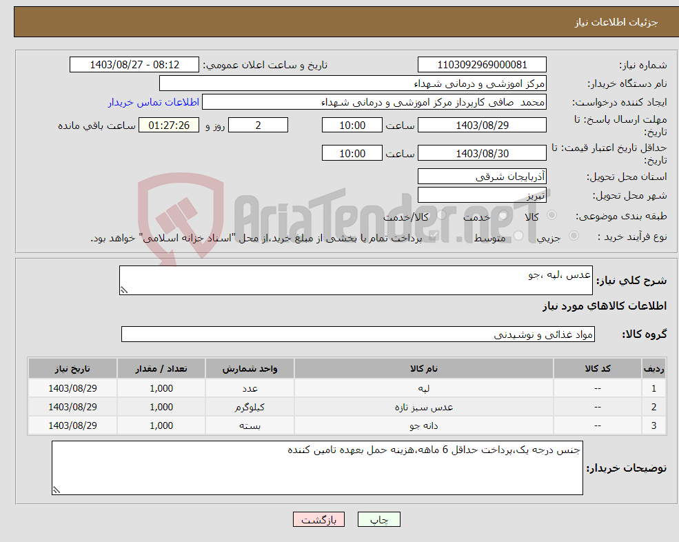 تصویر کوچک آگهی نیاز انتخاب تامین کننده-عدس ،لپه ،جو