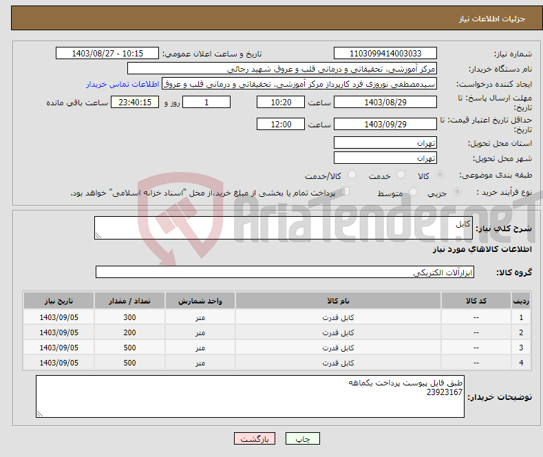 تصویر کوچک آگهی نیاز انتخاب تامین کننده-کابل