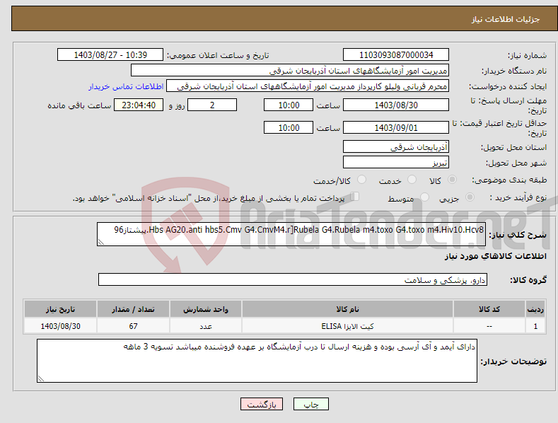 تصویر کوچک آگهی نیاز انتخاب تامین کننده-Hbs AG20.anti hbs5.Cmv G4.CmvM4.r]Rubela G4.Rubela m4.toxo G4.toxo m4.Hiv10.Hcv8.پیشتاز96