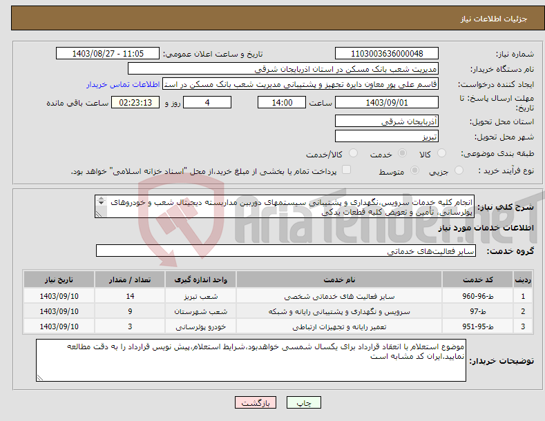 تصویر کوچک آگهی نیاز انتخاب تامین کننده-انجام کلیه خدمات سرویس،نگهداری و پشتیبانی سیستمهای دوربین مداربسته دیجیتال شعب و خودروهای پولرسانی، تأمین و تعویض کلیه قطعات یدکی 