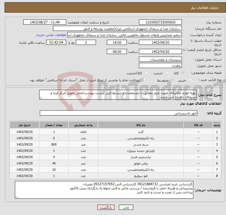 تصویر کوچک آگهی نیاز انتخاب تامین کننده-تهیه لوازم مکانیکال جهت چیلر مطابق با مشخصات و شرایط فنی لیست پیوست/محل تحویل مرکز صدا و سیمای زاهدان می باشد.