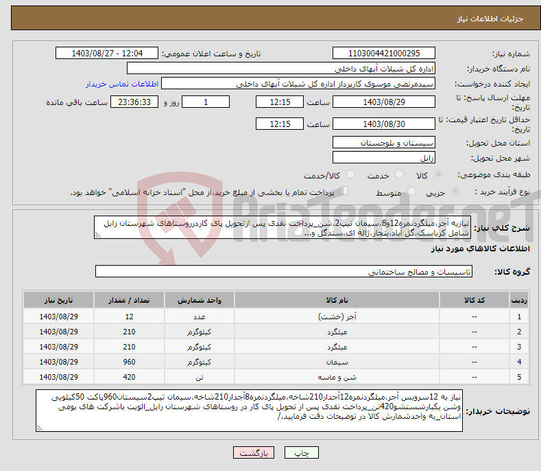 تصویر کوچک آگهی نیاز انتخاب تامین کننده-نیازبه آجر،میلگردنمره12و8،سیمان تیپ2،شن_پرداخت نقدی پس ازتحویل پای کاردرروستاهای شهرستان زابل شامل کرباسک،گل آباد،بنجار،ژاله ای،سندگل و...