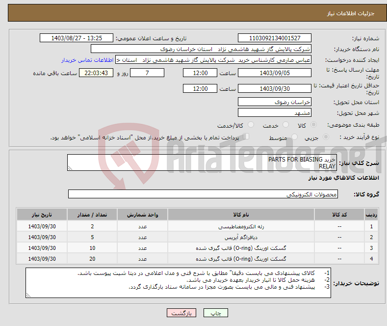 تصویر کوچک آگهی نیاز انتخاب تامین کننده-خرید PARTS FOR BIASING RELAY