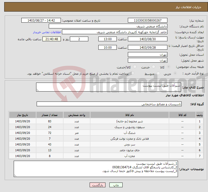 تصویر کوچک آگهی نیاز انتخاب تامین کننده-شیرآلات طبق لیست پیوست
