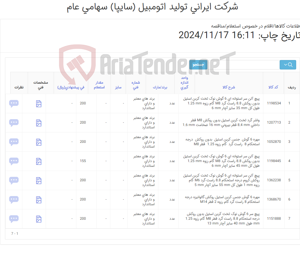 تصویر کوچک آگهی تأمین هفت ردیف پیچ , مهره و واشر