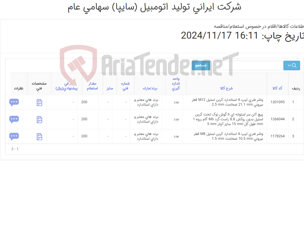 تصویر کوچک آگهی تأمین سه ردیف واشرهای فنری و پیچ آلن