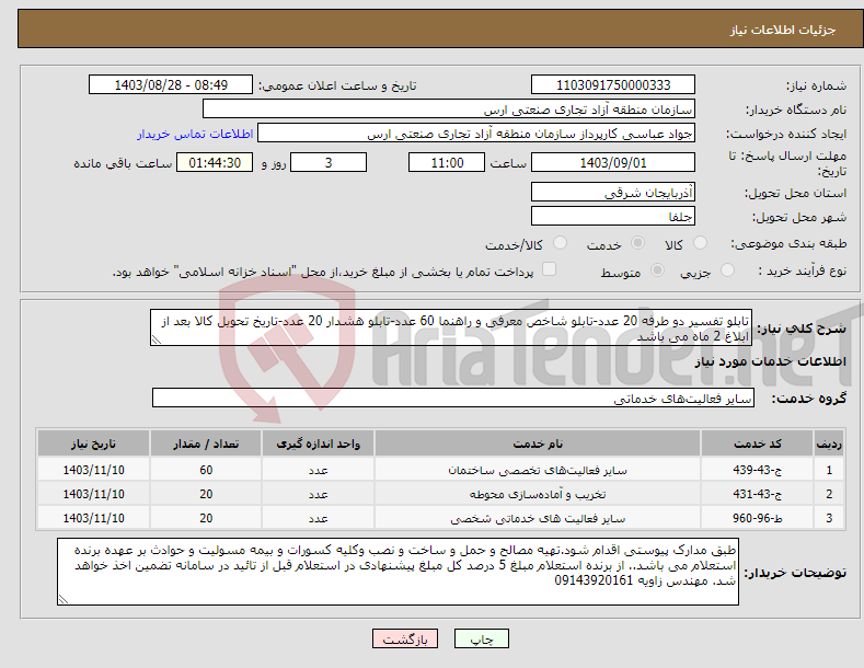 تصویر کوچک آگهی نیاز انتخاب تامین کننده-تابلو تفسیر دو طرفه 20 عدد-تابلو شاخص معرفی و راهنما 60 عدد-تابلو هشدار 20 عدد-تاریخ تحویل کالا بعد از ابلاغ 2 ماه می باشد