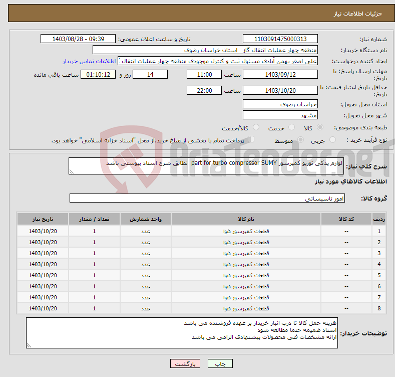 تصویر کوچک آگهی نیاز انتخاب تامین کننده-لوازم یدکی توربو کمپرسور part for turbo compressor SUMY نطابق شرح اسناد پیوستی باشد