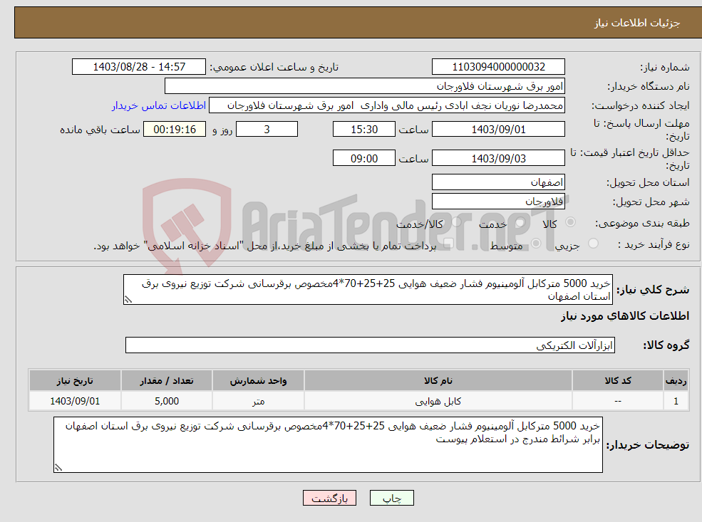 تصویر کوچک آگهی نیاز انتخاب تامین کننده-خرید 5000 مترکابل آلومینیوم فشار ضعیف هوایی 25+25+70*4مخصوص برقرسانی شرکت توزیع نیروی برق استان اصفهان 