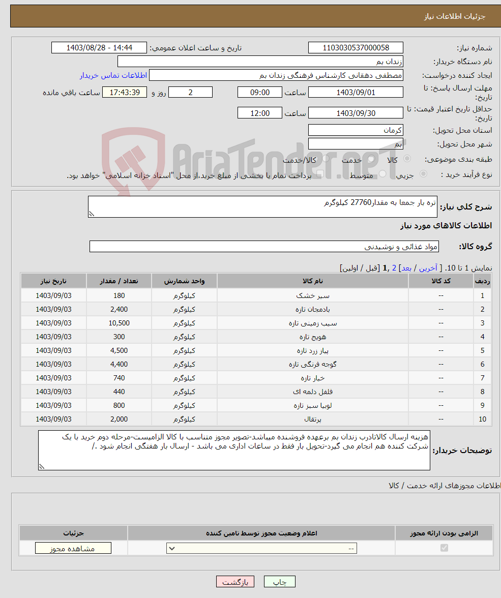 تصویر کوچک آگهی نیاز انتخاب تامین کننده-تره بار جمعا به مقدار27760 کیلوگرم 