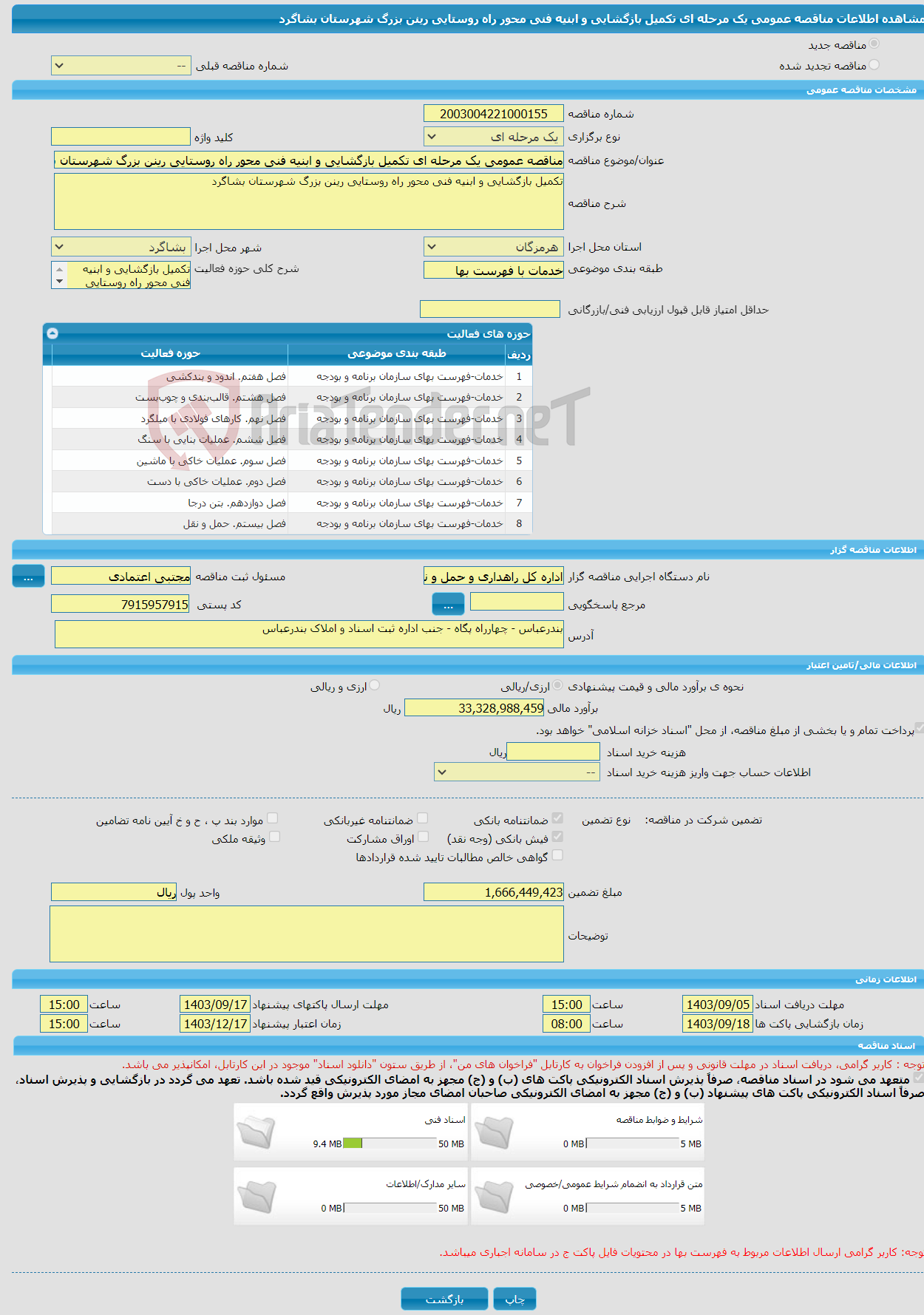 تصویر کوچک آگهی مناقصه عمومی یک مرحله ای تکمیل بازگشایی و ابنیه فنی محور راه روستایی رینن بزرگ شهرستان بشاگرد 