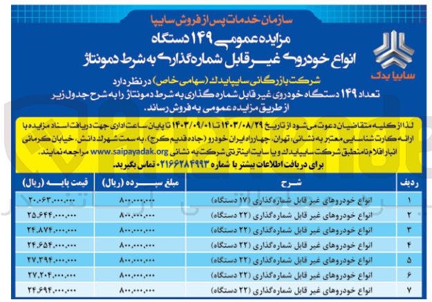 تصویر کوچک آگهی فروش تعداد 149 دستگاه خودروی غیرقابل شماره گذاری در 7ردیف 