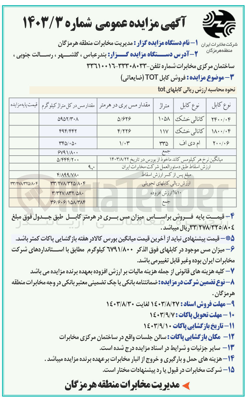 تصویر کوچک آگهی فروش کابل tot ضایعاتی 