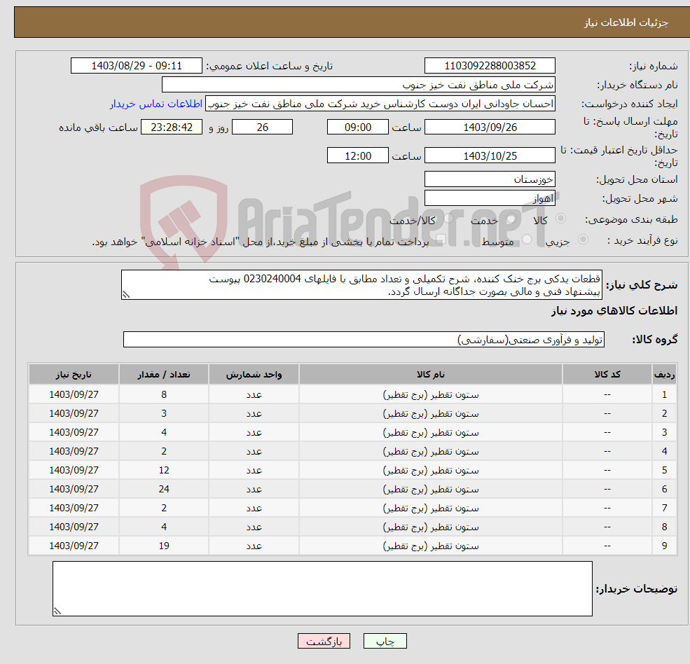 تصویر کوچک آگهی نیاز انتخاب تامین کننده-قطعات یدکی برج خنک کننده، شرح تکمیلی و تعداد مطابق با فایلهای 0230240004 پیوست پیشنهاد فنی و مالی بصورت جداگانه ارسال گردد.