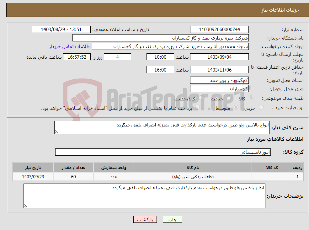 تصویر کوچک آگهی نیاز انتخاب تامین کننده-انواع بالانس ولو طبق درخواست عدم بارکذاری فنی بمنزله انصراف تلقی میگردد