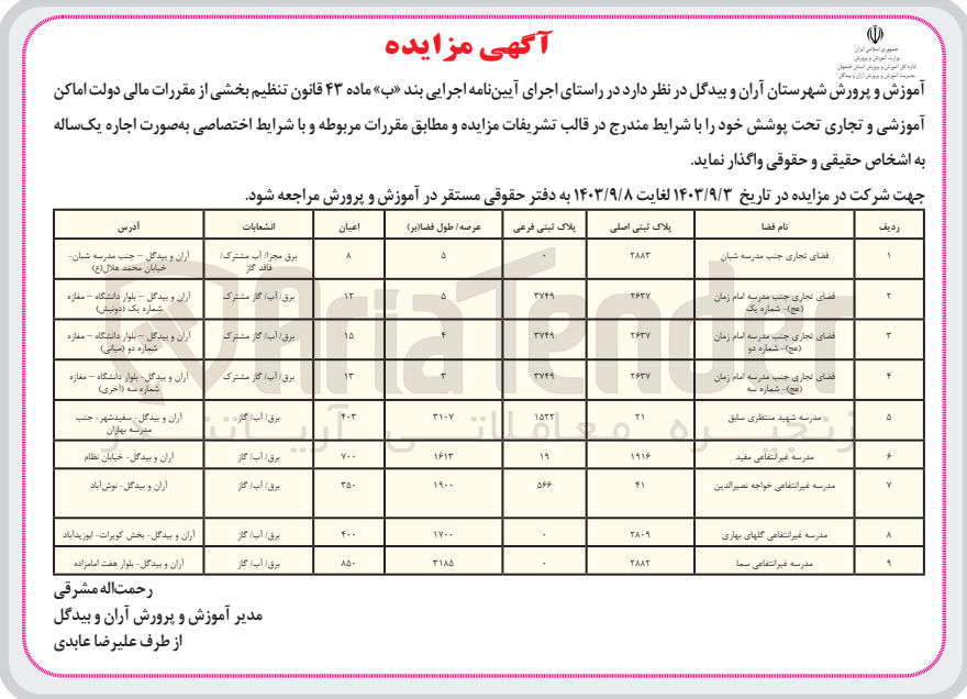 تصویر کوچک آگهی اجاره :
فضای تجاری به پلاک ثبتی 2883
فضای تجاری به پلاک ثبتی 2637 شماره یک
فضای تجاری به پلاک ثبتی 2637 شماره دو
فضای تجاری به پلاک ثبتی 2637 شماره سه
مدرسه شهید منتظری سابق به پلاک ثبتی 21
مدرسه غیرانتفاعی مفید به پلاک ثبتی 1916
مدرسه غیرانتفاعی خواجه نصیرالدین به پلاک ثبتی 41
مدرسه غیرانتفاعی گلهای بهاری به پلاک ثبتی 2809
مدرسه غیرانتفاعی سما به پلاک ثبتی 2882