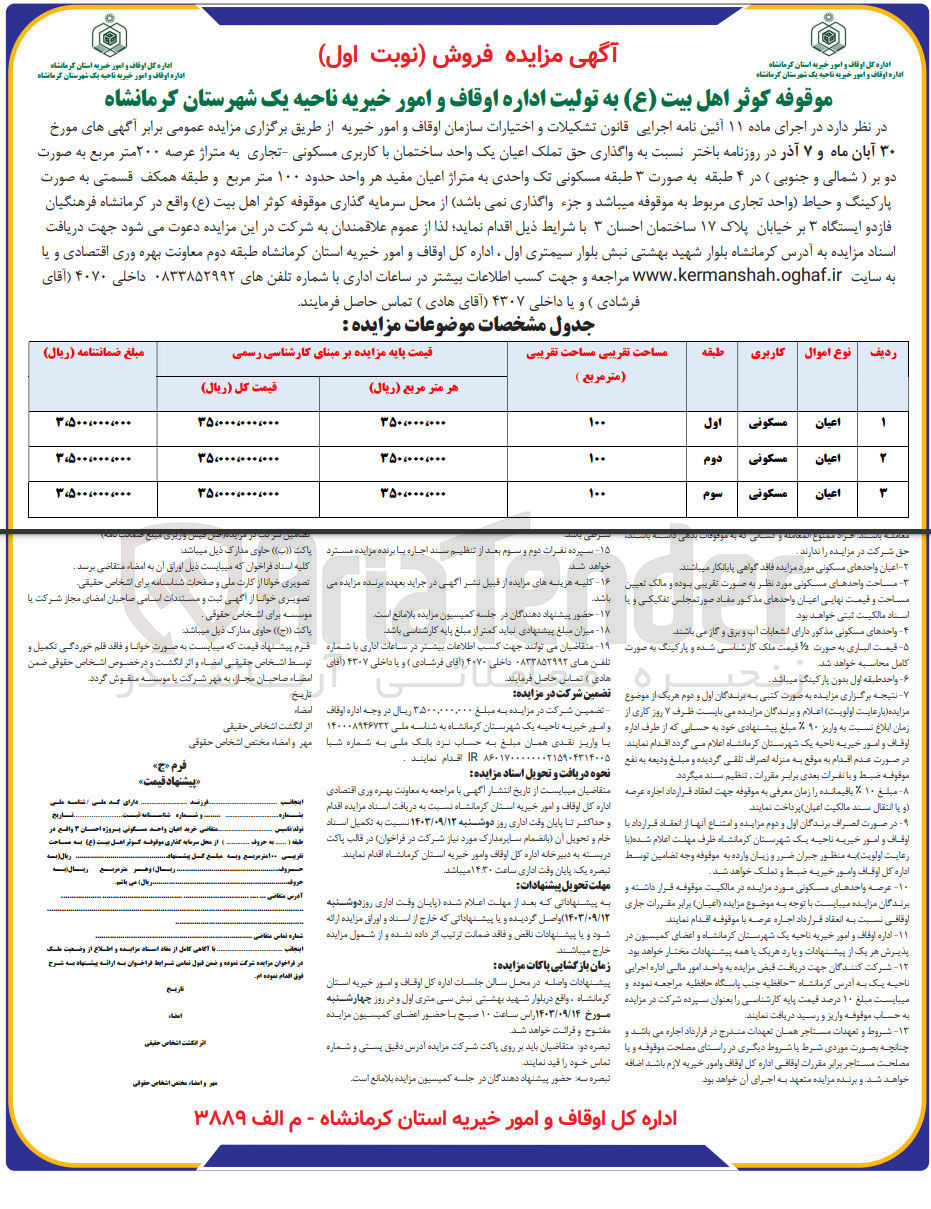 تصویر کوچک آگهی  واگذاری حق تملک اعیان یک واحد ساختمان با کاربری مسکونی تجاری به متراژ عرصه ۲۰۰ متر مربع به صورت دو بر (شمالی و جنوبی) در ۴ طبقه به صورت ۳ طبقه مسکونی تک واحدی به متراژ اعیان مفید هر واحد حدود ۱۰۰ متر مربع و طبقه همکف قسمتی به صورت پارکینگ و حیاط واحد) تجاری