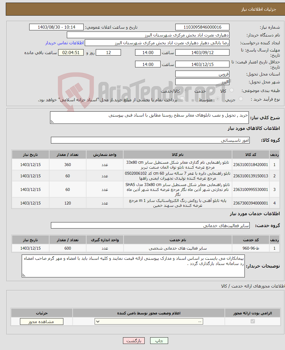 تصویر کوچک آگهی نیاز انتخاب تامین کننده-خرید , تحویل و نصب تابلوهای معابر سطح روستا مطابق با اسناد فنی پیوستی 