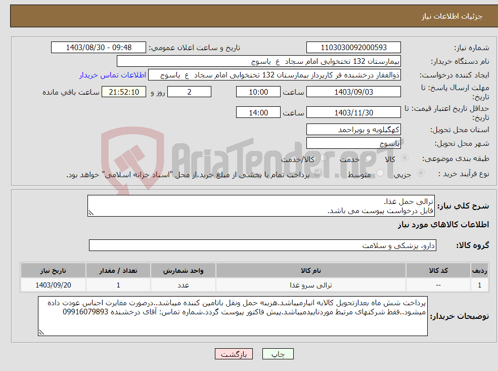 تصویر کوچک آگهی نیاز انتخاب تامین کننده-ترالی حمل غذا. فایل درخواست پیوست می باشد.