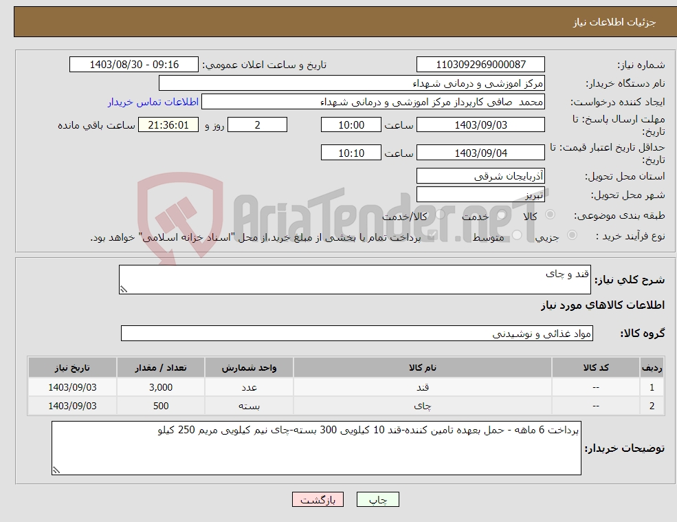 تصویر کوچک آگهی نیاز انتخاب تامین کننده-قند و چای